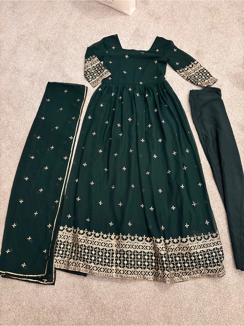Dark Green Anarkali Salwar Embroidered, Dupatta, pants